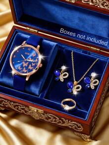 SOKI SOKI 一套镶钻蓝色蝴蝶项链，闪亮水钻蝴蝶吊坠项链和耳环，戒指，简约时尚套装，休闲蝴蝶表盘，圆形表壳，PU表带石英女表，适合日常佩戴、生日礼物、派对、节日聚会，是送给自己或朋友的理想礼物。不含包装盒。 - 藍色 - 查看 1