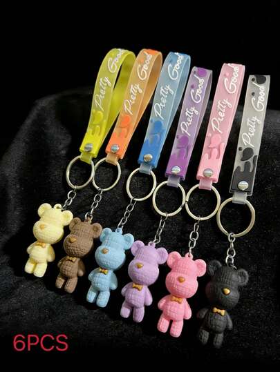 1/6pcs Fashion Keychain, Cartoon Bear Plush Keychain Pendant With Silicone Keyring, Backpack Wallet Hanging Decor, 3D Soft Rubber Creative Bear Keychain, Handbag Pendant, Backpack Accessory, Gift For Classmates And Colleagues, Schoolbag Accessory, Cool Keychain, Car Accessories Hanging Decor, Cute Gothic Y2K Bag Lanyard With ID Card Holder, Car Accessories Hanging Decor