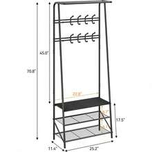 Coat Rack With Shoe Storage And Bench, Shoe Rack And Coat Rack – Hallway Bench With 5 Hooks, Multifunctional Wood-Grain Hallway Storage Rack With Metal Frame - Black - View 11