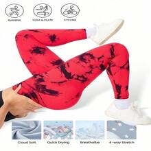 Conjunto deportivo de mujer talla grande 2 piezas: Leggings sin costuras de punto con estampado de mármol rojo y sujetador deportivo de espalda cruzada color burdeos, elástico, compresión, amigable con la piel, perfecto para entrenamiento y uso diario - Borgoña+Rojo - Ver 5