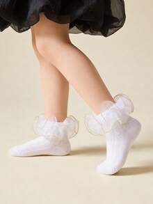 1 Pair Girls' Solid Color Cotton Thin Mesh Ankle Socks, School Style, Suitable For Spring/Summer, Princess Lace Trim - White - View 6