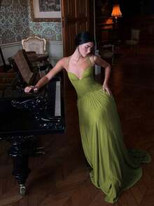 Đầm dài ôm sát gợi cảm, thanh lịch với dây đeo mảnh, màu xanh lá cây mùa hè, ren hở lưng, xếp nếp, thích hợp cho các buổi đi chơi, tiệc cocktail và các sự kiện trang trọng. - màu xanh lá - Xem 5