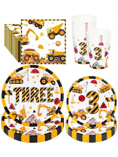 10件/50件/80件装建筑主题3岁生日派对用品，翻斗车主题，包含餐盘、餐巾纸、杯子，适合男孩建筑主题3岁生日派对装饰及伴手礼