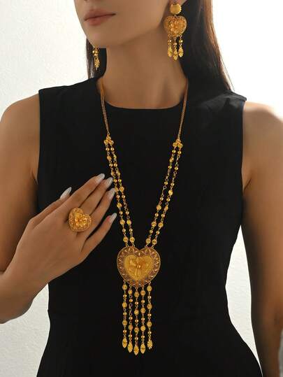 Set de 4 piezas de joyería de novia árabe de lujo estilo Dubai, incluye collar de múltiples capas con flor hueca y borlas, aretes y anillo para mujeres en bodas y fiestas