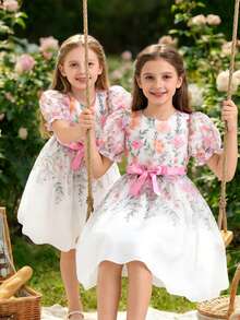 女童欧根纱圆领印花连衣裙，休闲日常涤纶面料，可爱优雅的童装 - 彩色 - 查看 3