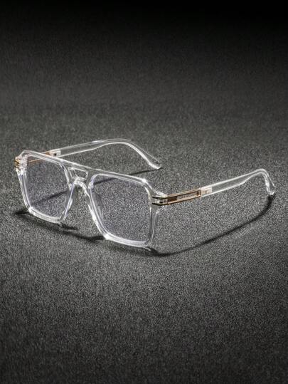 1 Pair Men's Square Double-Beam Flat Top Plastic Glasses, Personalized Hong Kong Style Chic Cool Modern Stylish, Fashion Glasses Suitable For Daily Gatherings, Parties, Vacations