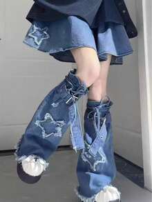 Y2K 星星刺绣朋克系带做旧牛仔喇叭腿套，复古夏季亚文化叠层腿套 - 彩色 - 查看 4