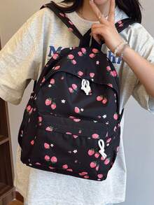 3pcs Strawberry Print Backpack Set, Including Backpack, Lunch Bag And Pencil Case, With Laptop Compartment, Adjustable Straps And Multiple Pockets, High Capacity Student Backpack, Multipurpose Daily Bag, Suitable For Girls/College Students/Graduates For Daily Use/Vacation/Travel/Back To School - Multicolor - View 6
