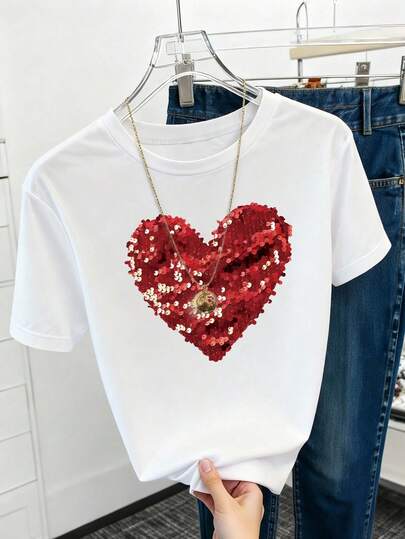 Plus Size Heart Pattern Red Sequin Women's Casual T-Shirt, Fashionable, Comfortable, Breathable, Spring/Summer Versatile Classic Short Sleeve Round Neck Top
