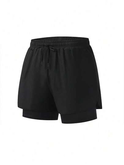 2-In-1 Geometric Print Sports Shorts For Women - 95% Polyester, 5% Spandex Blend With Slight Stretch, Woven Casual Sports Shorts, Suitable For Fitness, Workout, Running, Spring, Summer, Autumn