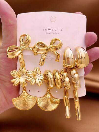 64-14pcs Women's Fashion Luxury Gold Earring Set, Includes Preserved Flower, Bow Tie, Exaggerated Fan & Geometric Designs, Suitable For Daily Wear, Gifts, Festivals, Parties