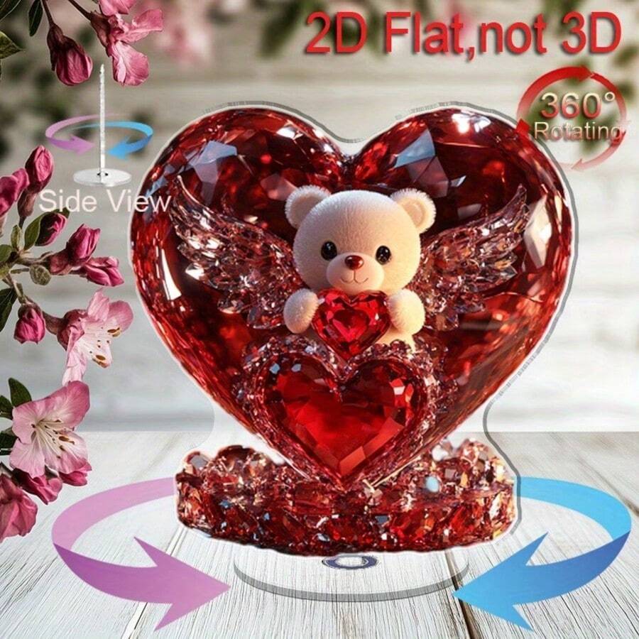 Decoración de escritorio acrílica 2D - Base en forma de corazón rojo con oso de peluche y alas de ángel, regalo del Día de San Valentín, aniversario, boda, decoración del hogar u oficina - No se necesita energía, ornamento de escritorio romántico, artesanía fina, alta calidad, placa decorativa elegante, regalo de boda, plano 2D - A - Ver 1