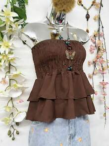T110 Cropped Blouse With Elastic And Ruffle - Brown - View 3