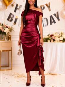 女士情人节酒红色缎面单肩荷叶边不对称修身连衣裙，适合婚礼宾客、生日派对等场合 - 酒紅色 - 查看 9