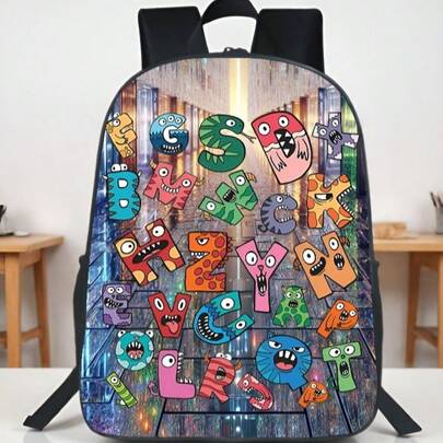 1 chiếc balo họa tiết chữ cái, balo đi học thường ngày unisex, thiết kế hoạt hình, dây đeo có thể điều chỉnh, khóa kéo.