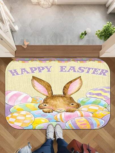 1pc Green Easter Bunny Ears Egg Doormat, Holiday Polyester Rug, Suitable For Indoor/Outdoor Decor, Kitchen Rug, Holiday Party Supplies, Applicable For Living Room, Dining Table, Kitchen And Bathroom, Non-Slip Bath Mat, With Easter Design, Easter Decoration, Holiday Decor, Daily Decor, Home Decoration, Easter Gift, Rectangular Rug