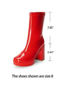 Women's Chunky Platform Mid-Calf Boots Waterproof Square Toe Fashionable Lightweight Comfort Elegant Bright Solid Color Side Zipper Classic For Parties Dress Festival Ankle Go Go Red Boots - 紅色 - 查看 2