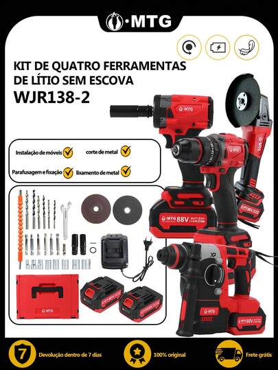 MATOUGUI MTG 88V sem escova martelo elétrico + broca de impacto + chave elétrica + rebarbador multi-funcional conjunto de ferramentas elétricas de lítio, equipado com duas baterias de alta capacidade, vários acessórios de ferramentas