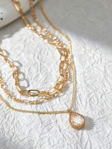 Set de 3 collares con colgante de clip de papel a cuadros, colgante de circonita cúbica con capas, adecuado para uso diario (cantidad aleatoria de anillos de cadena) - Amarillo Oro - Ver 7