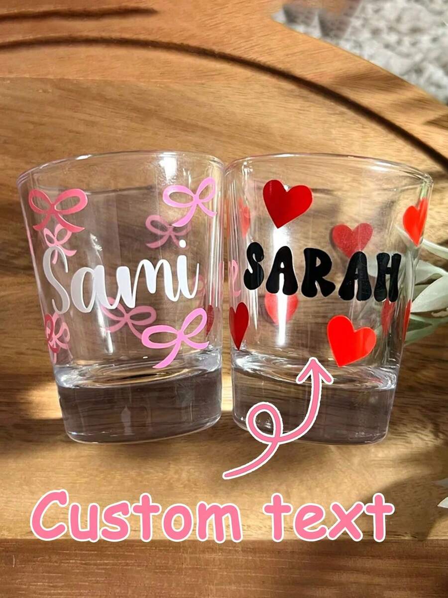 1pc Personalized Wedding Shot Glass, Engraved Party Cup, 2oz Mini Shot Glass, Wedding Favor, Valentine's Day Shot Glass, Pink Bow Heart Shot Glass, Unique Celebration Glassware, Customized Party Shot Glass, Engraved Wedding Gift, Birthday Party - Multicolor - View 1