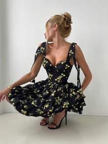 女士柠檬印花性感可爱优雅无袖系带蝴蝶结蛋糕迷你连衣裙半身裙，适合日常外出、约会、通勤、情人节、节日、派对、街拍及各种场合。 - 彩色 - 查看 4