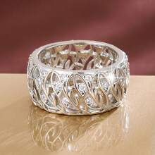 1pc Countryside Leaf Hollow Design Cubic Zirconia Inlaid Women Wide Band Ring - Multicolor - View 9