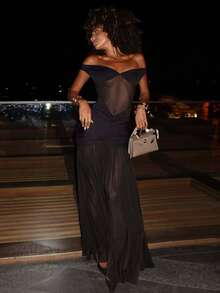 Elegant Off Shoulder Maxi Dress For Women, Ruched Mesh Sheer Draped High Split Bodycon Evening Gown Wedding Black Spring Party - Black - View 10