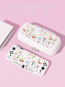 1pc Cute Bow Tie Bear & Floral Print Switch/Switch 2 Protective Case, Glitter Transparent Shell Compatible With New Switch 2 (2025)/Switch NS/Switch OLED/Lite, Switch Accessories, Full Set Including Carrying Pouch, Card Slot Base, Best Gift For Switch Players - Multicolor - View 1