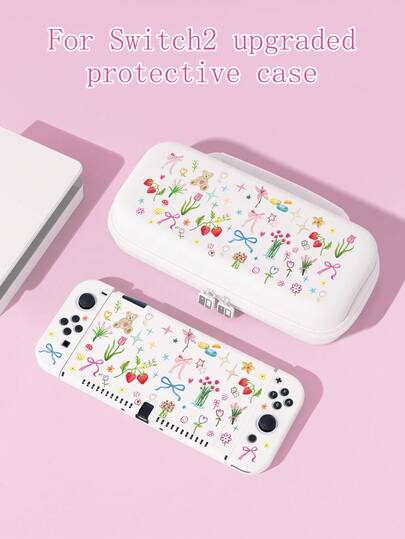 1pc Cute Bow Tie Bear & Floral Print Switch/Switch 2 Protective Case, Glitter Transparent Shell Compatible With New Switch 2 (2025)/Switch NS/Switch OLED/Lite, Switch Accessories, Full Set Including Carrying Pouch, Card Slot Base, Best Gift For Switch Players