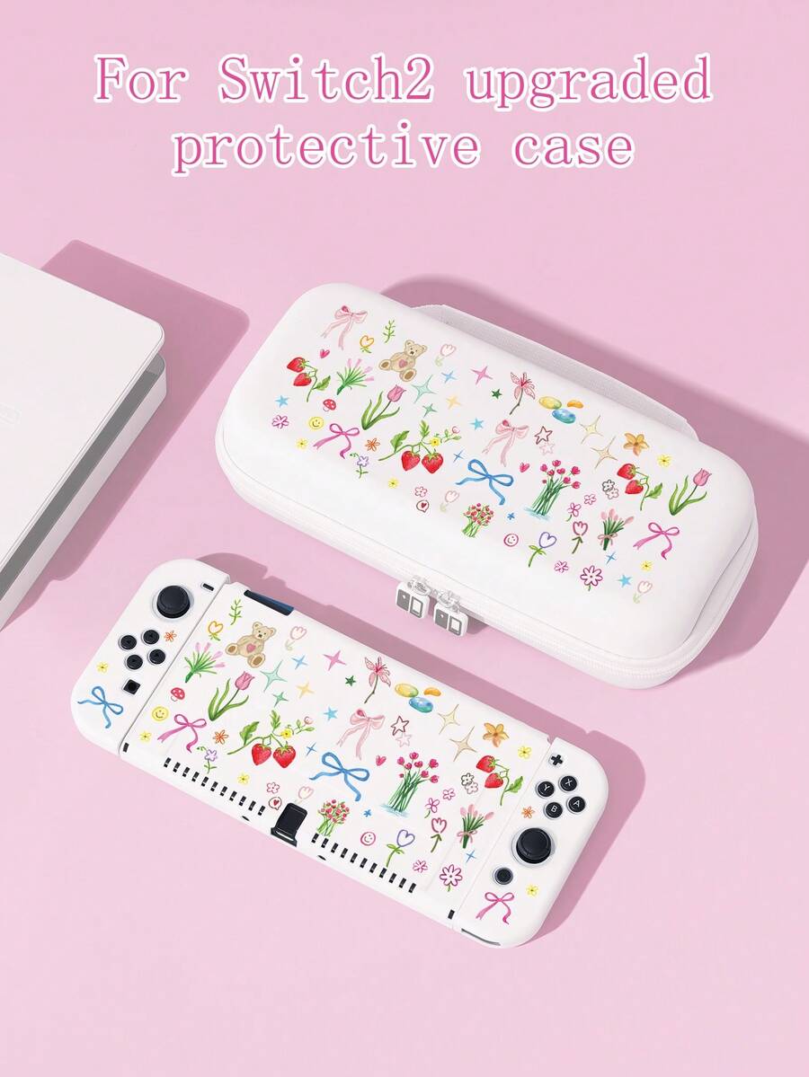 1pc Cute Bow Tie Bear & Floral Print Switch/Switch 2 Protective Case, Glitter Transparent Shell Compatible With New Switch 2 (2025)/Switch NS/Switch OLED/Lite, Switch Accessories, Full Set Including Carrying Pouch, Card Slot Base, Best Gift For Switch Players - Multicolor - View 1