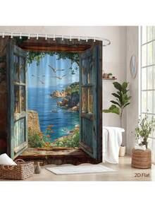 1pc Coastal Ocean View Shower Curtain - Vintage Seaside Landscape With Birds, Rocky Cliffs & Turquoise Waters, Polyester Fabric Bath Curtain 70.8x70.8 Inch With Hooks, Machine Washable Bathroom Decor For Coastal, Nautical - 浴簾1 - 查看 5