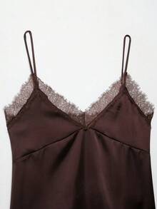 DEEKA Summer New Women's Fashion Sexy Lace & Satin Blouse - Brown - View 4