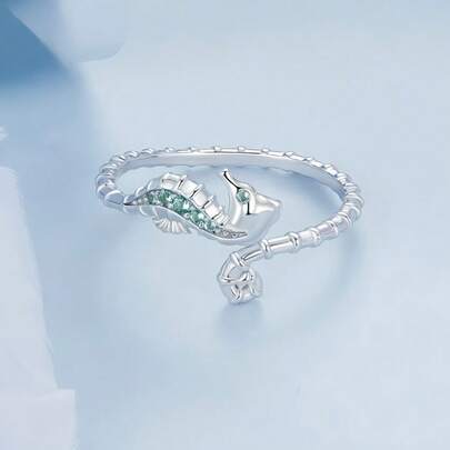 1 pieza Anillo de moda personalizado para mujer, anillo abierto de estilo océano de plata de ley 925 con diseño de caballito de mar en color verde, anillo de animal texturizado y dinámico, adecuado como regalo para amigos, fiestas, San Valentín, Navidad, otoño/invierno