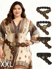 1pc Plus Size Women's Bohemian Style Solid Color Vintage Velvet Patchwork Belt, Black & Coffee Patchwork Belt, Oval & Heart Shaped Chunky Belt, Suitable Dresses, Coats, Sweaters, Pants, Parties, Gatherings, Dates, Campus, Music Festivals, Winter,, Essential Plus Size Ladies - A - Xem 12