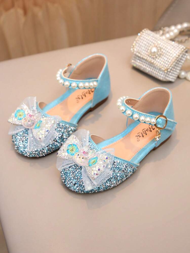 儿童珍珠蝴蝶结彩色钻石平底凉鞋幼儿学校公主鞋 - 藍色 - 查看 3