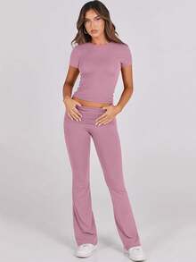Lounge Sets For Women 2 Piece Foldover Yoga Flare Leggings Pants Crop Tops Casual Y2K Outfits Matching Tracksuit Set - 粉色 - 查看 1