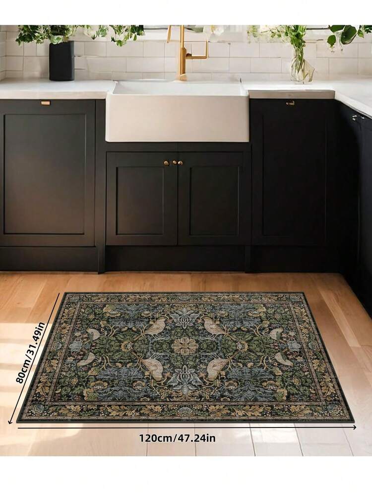 1pc Luxurious Fluffy Soft Bohemian Vintage Bird Pattern Area Rug, Non-Slip Washable, Velvet Surface + TPR Backing, Suitable For Living Room, Bedroom, Hallway, Elegant Persian Palace Design With Baroque Elements, Indoor Mat | Non-Slip Bottom - Army Green - View 5