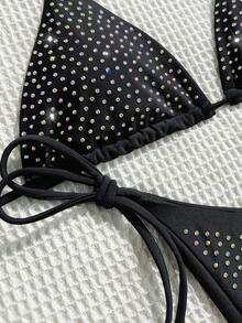 夏季黑色水钻装饰比基尼两件套，修身高弹面料，性感沙滩度假泳装 - 黑色 - 查看 6