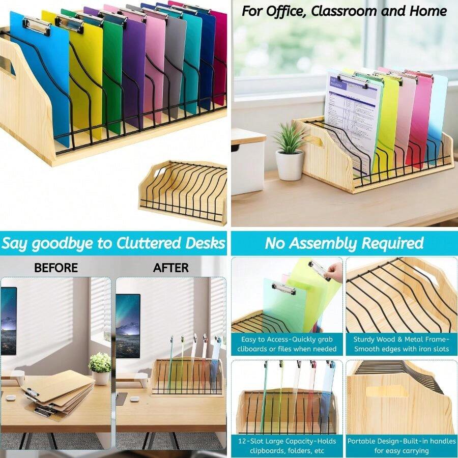 Large Vertical Clipboard Holder, 12 Slots Wood And Metal Clipboard ...