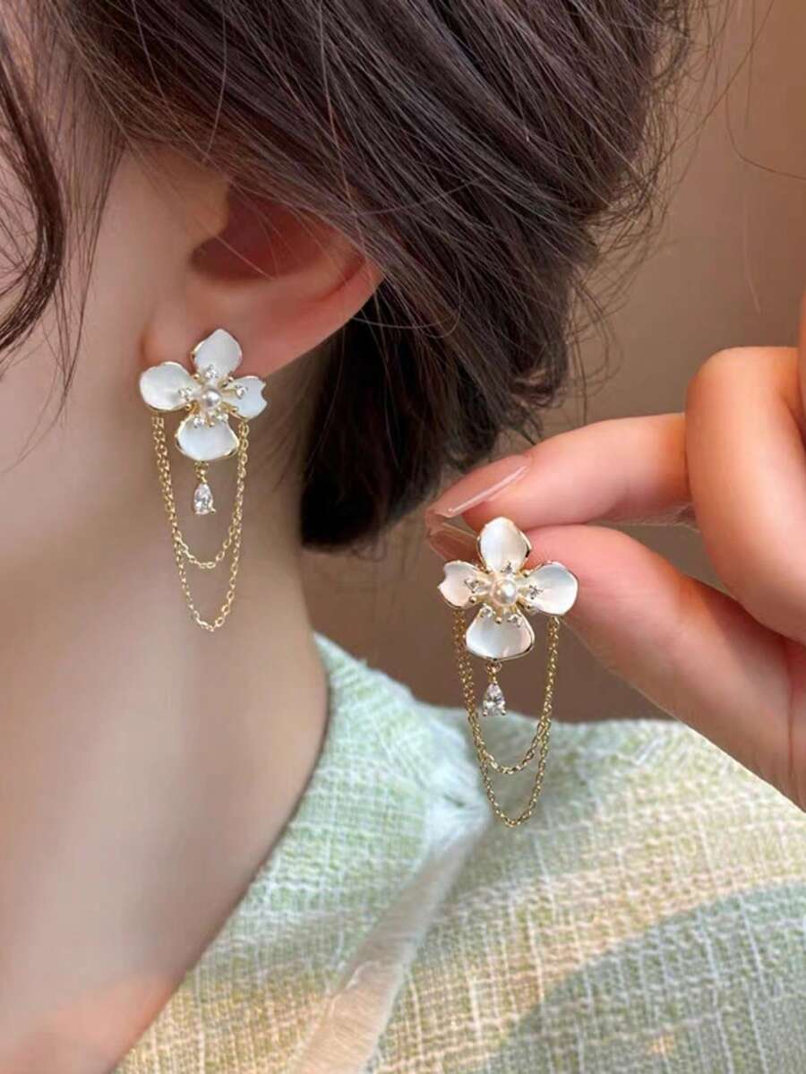 1对法式珍珠花朵流苏耳环，小众优雅氛围耳坠，时尚高端优雅耳环 - 金色 - 查看 1