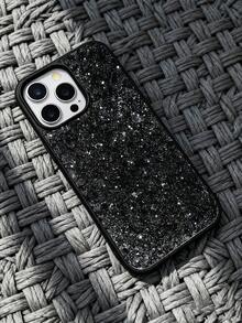 1pc Luxury Rhinestone Sequin Leather Phone Case, Compatible With Iphone 17 16 15 14 13 12 11 Pro Max Plus - Black - View 6