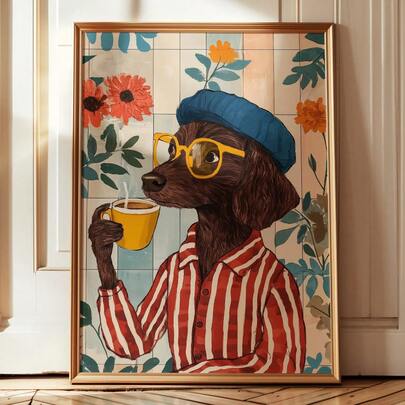1pc Dog Drinking Coffee Poster: Unique Kitchen Wall Art, Floral Home Decor Canvas Wall Art, Fashion Girl Art, Inspirational Quote Art, Home Decor, Hanging Canvas