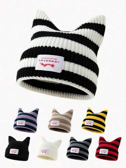 1pc Women's Fashion Car Patch Ear Knitted Hat, Suitable For Autumn/Winter Daily Wear