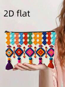 1个2D扁平亮丽流苏印花化妆包 - 耐用、不褪色拉链袋，双面印花，轻便可折叠旅行收纳包 - 彩色 - 查看 8