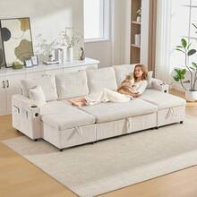 Modern 4-Personen-Samtsofa Mit Beidseitigen Chaiselongues, Integrated Stauraum, Getränkehaltern, USB-Anschlüssen Und Ausziehbarer Schlaffunktion – Style Für Jedes Wohnzimmer.Beige - Beige + Corduroy + Foam + 4 Seat - View 1