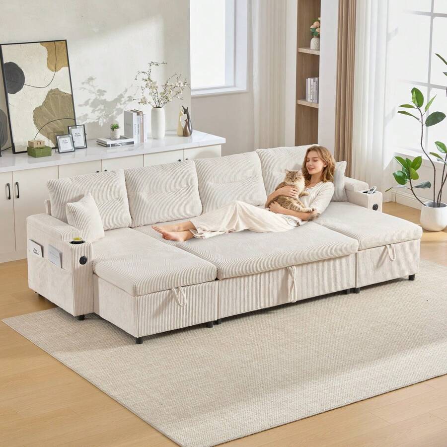 Modern 4-Personen-Samtsofa Mit Beidseitigen Chaiselongues, Integrated Stauraum, Getränkehaltern, USB-Anschlüssen Und Ausziehbarer Schlaffunktion – Style Für Jedes Wohnzimmer.Beige - Beige + Corduroy + Foam + 4 Seat - View 1