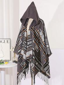 1件装女士冬季连帽斗篷，提花几何图案旅行披肩外套 - 彩色 - 查看 6
