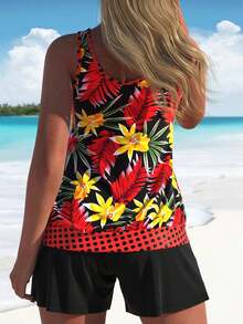 Flowy Floral Tankini With Polka Dot Accents - 彩色 - 查看 2
