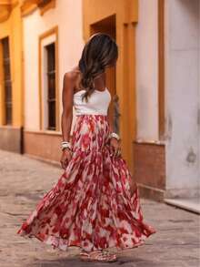 Elegant A-Line Skirt With Ruffle Hem For Women, Floral Print Fabric, Suitable For Party, Vacation And Beach Spring - Multicolor - View 5