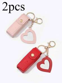 1pc Solid Color PU Leather Lipstick Holder (With Heart-Shaped Mirror) - Women's Makeup Keychain. Back To School Lipstick Holder With Heart-Shaped Mirror, Multiple Colors Available, Women's Makeup Bag, Heart-Shaped Bag Charm Fashion Keychain Pendant, Wallet, Handbag, Bag Accessory. Suitable For Parties, Weddings And Dances. Make Up Bag - White - View 27